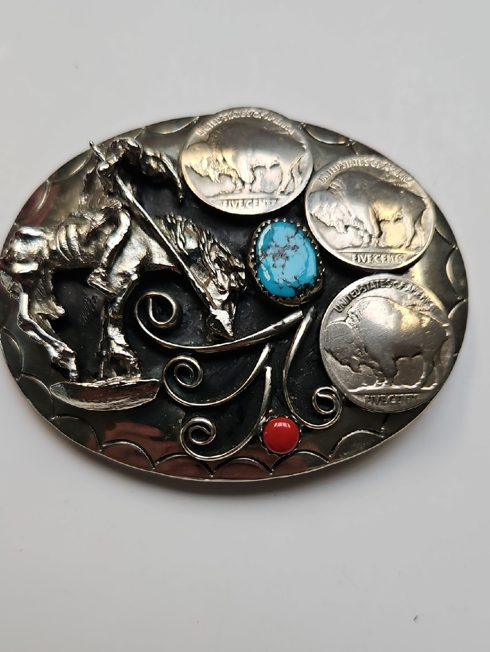 END OF TRAIL , WESTERN NATIVE AMERICAN BUFFALO  NICKEL AND TURQUOISE BELT BUCKLE